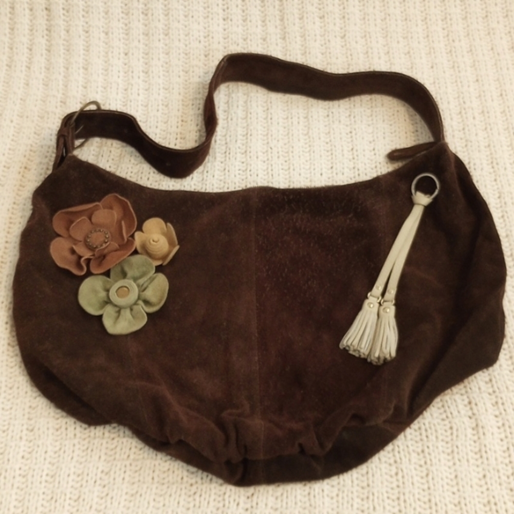 Steve Madden Brown Suede Shoulder Bag with Floral Accents